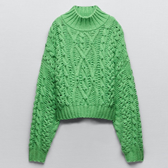 Zara green oversized cable-knit chunky sweater with pearls NWT - Picture 1 of 9